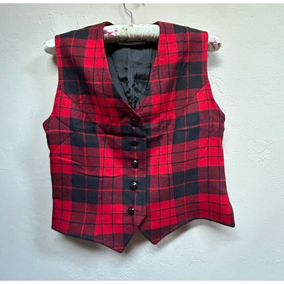 Jeannette Miner Paris Women's Button Down Red Tartan Plaid Wool Vest Size 42 - Picture 1 of 8